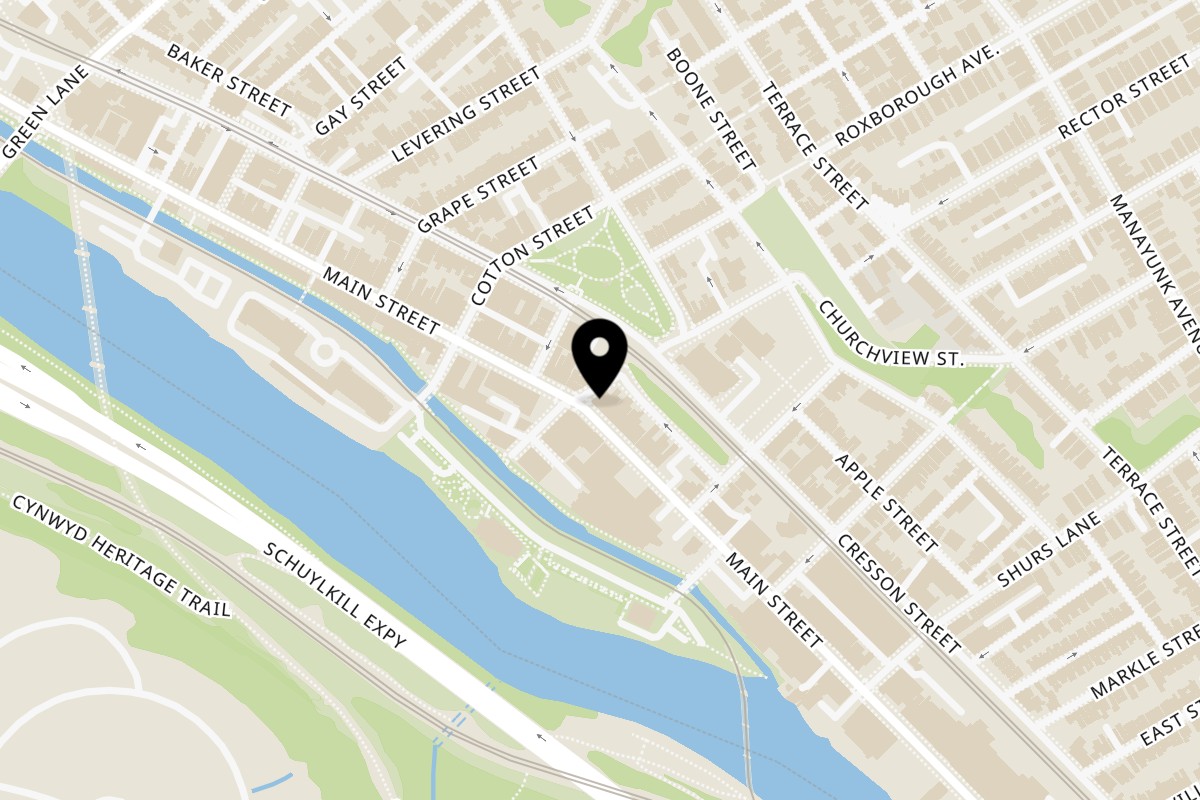 Map showing the location of Bar Jawn on 4247 Main St in Philadelphia